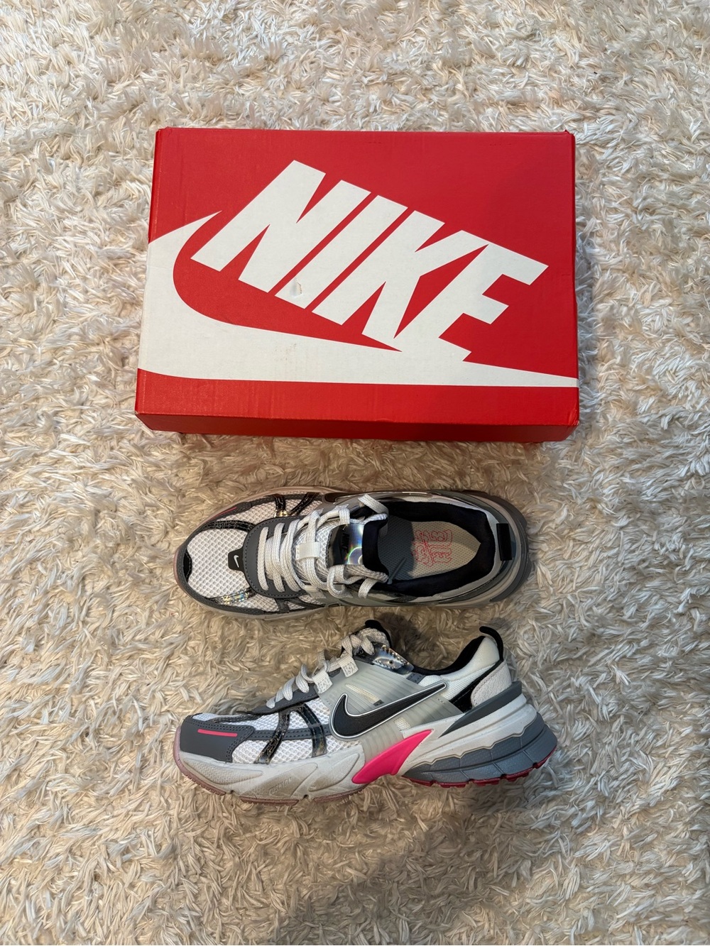 Nike Women’s V2K Run Sneakers White, Metallic Gray, Pink. Year of the Dragon